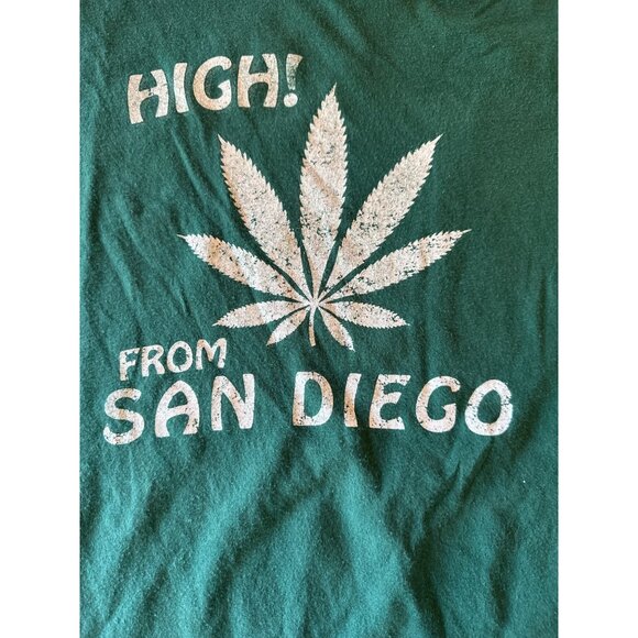 Green Cotton "High! From San Diego" Graphic T-Shirt Novelt Cannibis - Picture 2 of 3